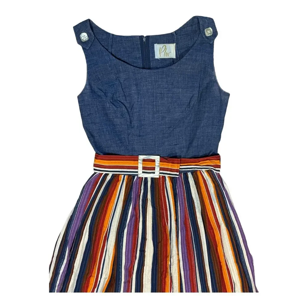 Vintage 1970s PLW Denim & Striped Prairie Midi Dress Boho Belted